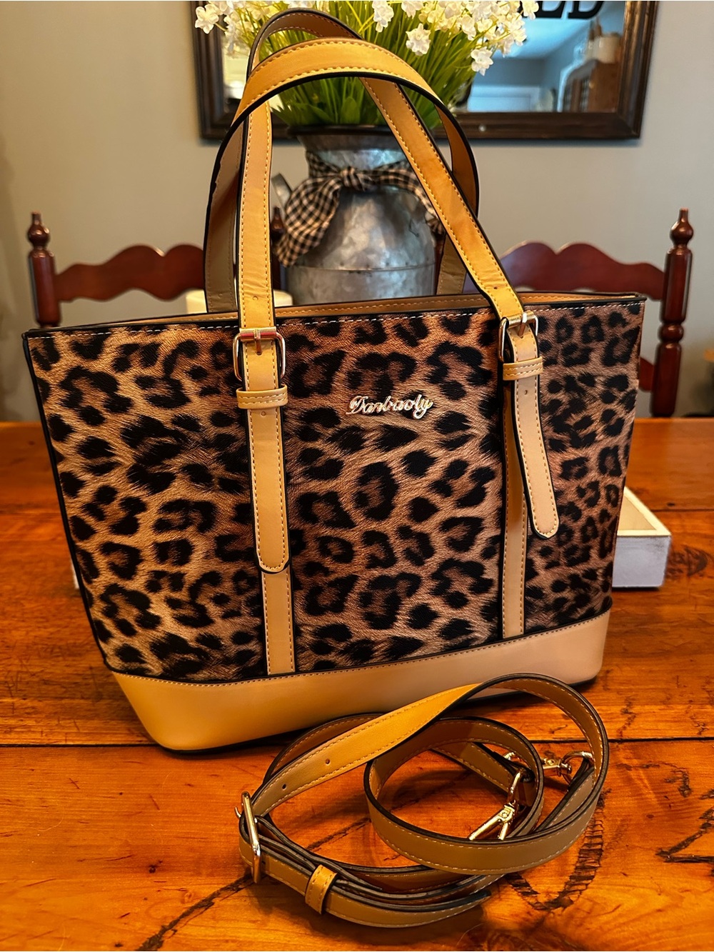 Leopard Print Tote with Tan Trim and Straps